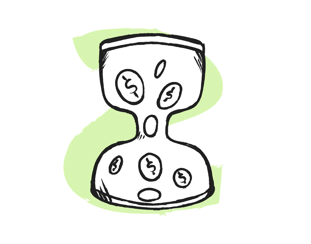 Hourglass with gold coins instead of sand, symbolizing the conversion of automated time into profit.